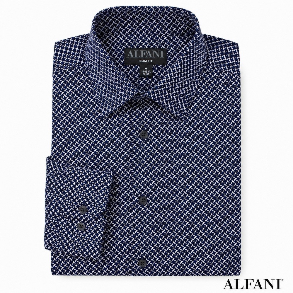 Alfani Slim Fit Men's Medium 15-15.5 32/33 Navy White Geometric Dress Shirt